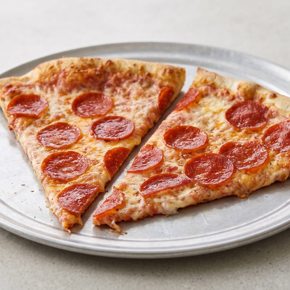 Two slices of pepperoni pizza with melted cheese on a round metal tray.