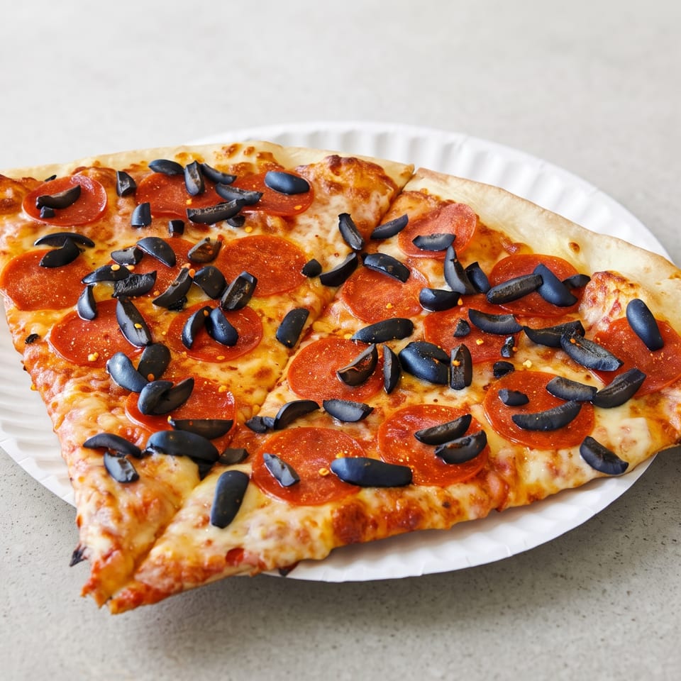 A large slice of pepperoni and black olive pizza on a white paper plate.