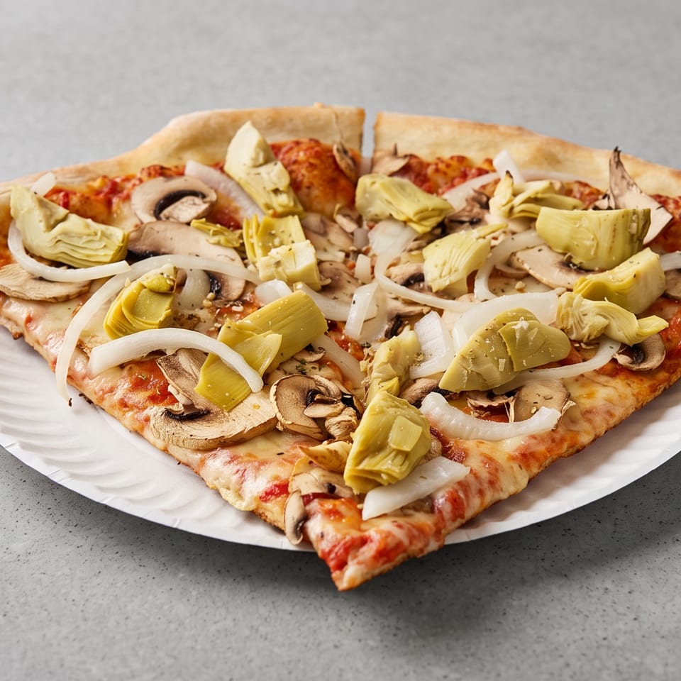 Two slices of pizza with mushrooms, onions, and artichoke hearts on a white paper plate.