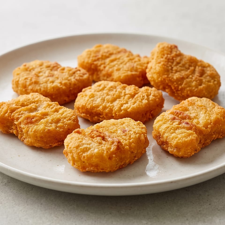 Seven golden-brown chicken nuggets arranged on a light-colored, round plate against a gray background.
