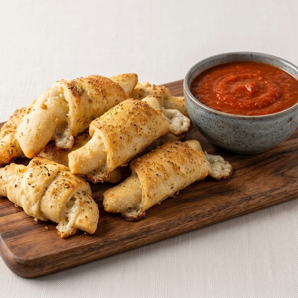 Golden-brown crescent rolls filled with cheese and herbs, served with a side of marinara sauce.