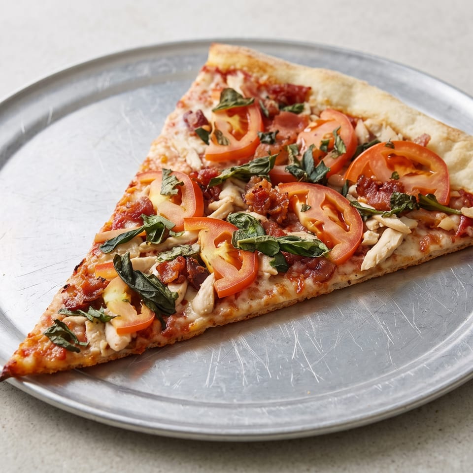A single slice of pizza with chicken, bacon, tomatoes, and basil on a metal tray.
