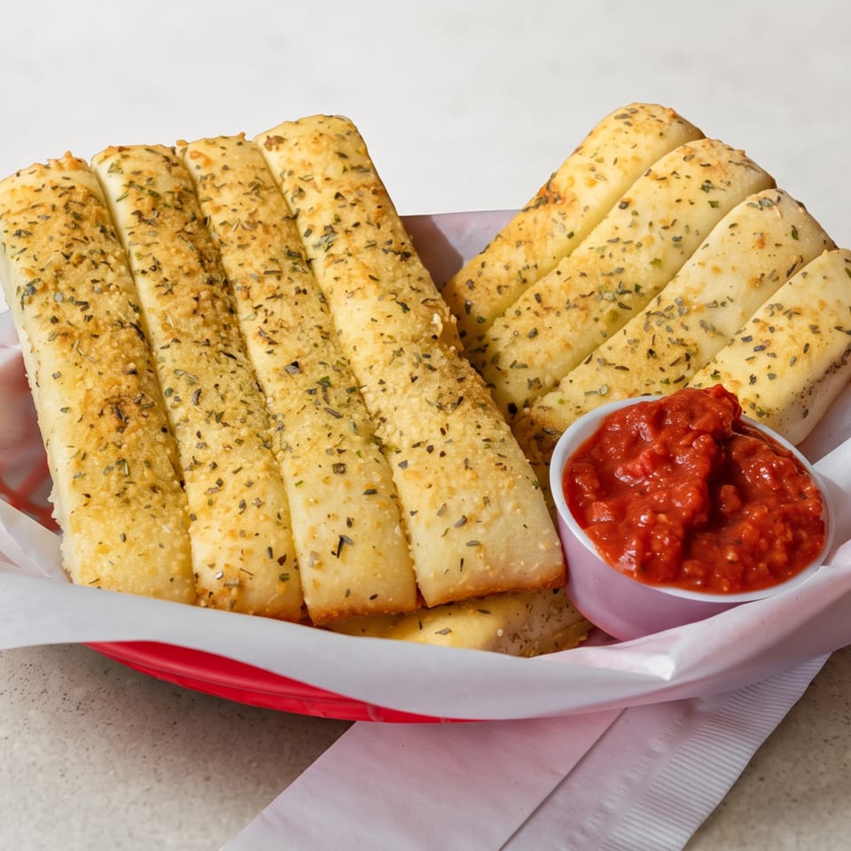 Golden-brown breadsticks seasoned with herbs and cheese, served with a side of marinara sauce.